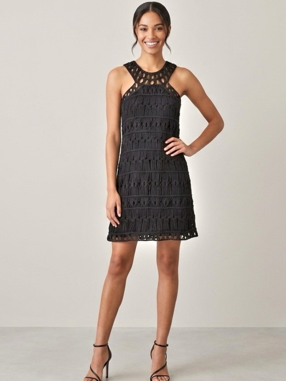 DVF Liza Black Macrame Crochet Sleeveless LBD Cocktail Mini Dress Size Medium
